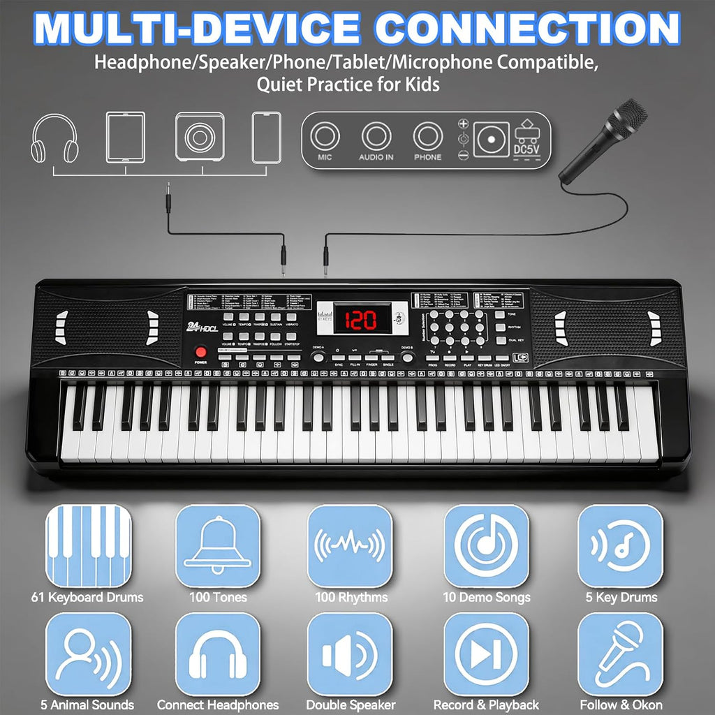 Piano de teclado para niños, piano electrónico de 61 teclas (negro)