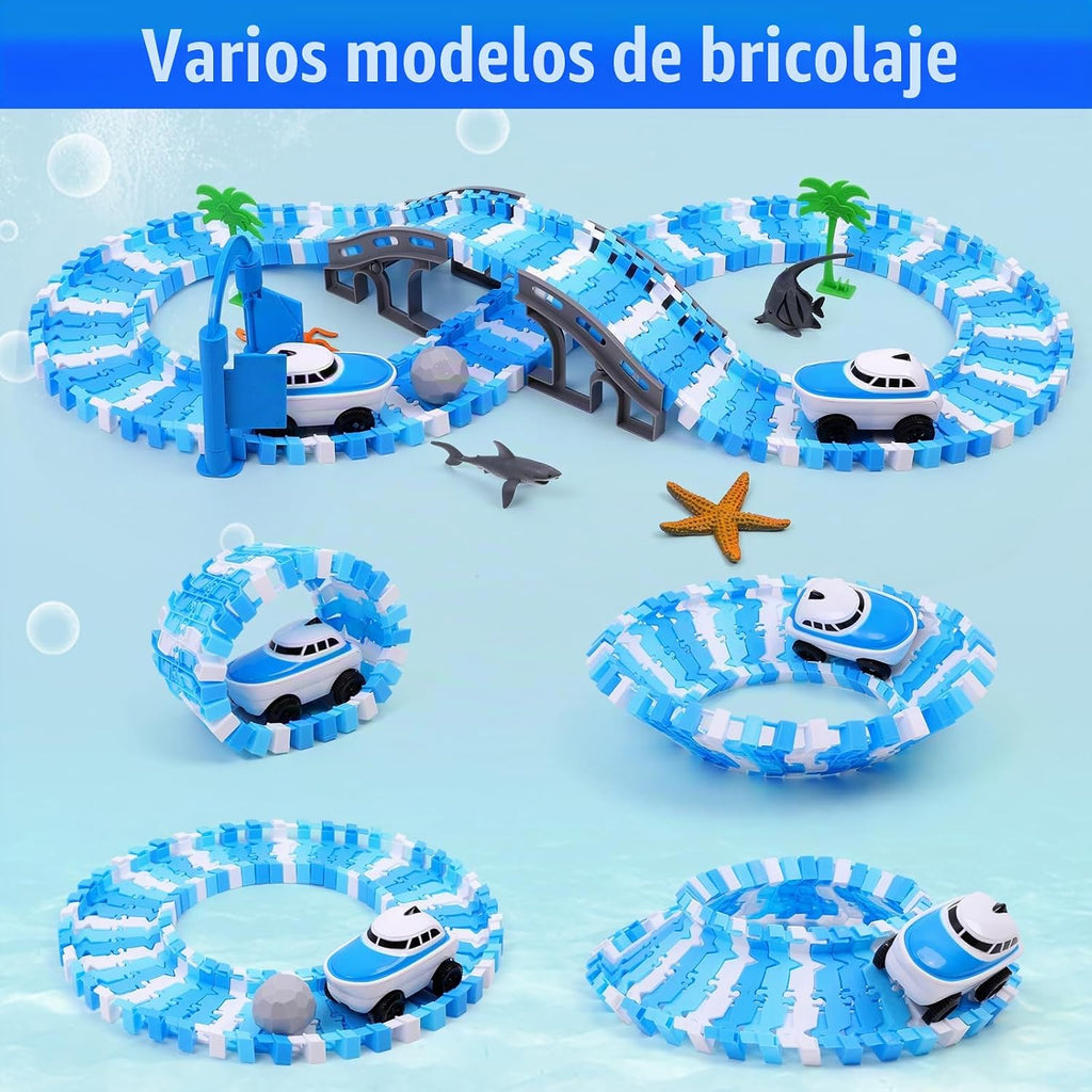 Pistas de carreras flexibles con temática oceánica para niños, regalo de cumpleaños para niños de 3, 4, 5, 6, 7 años, más de 240 piezas, juego de pista de automóvil construible con túnel de