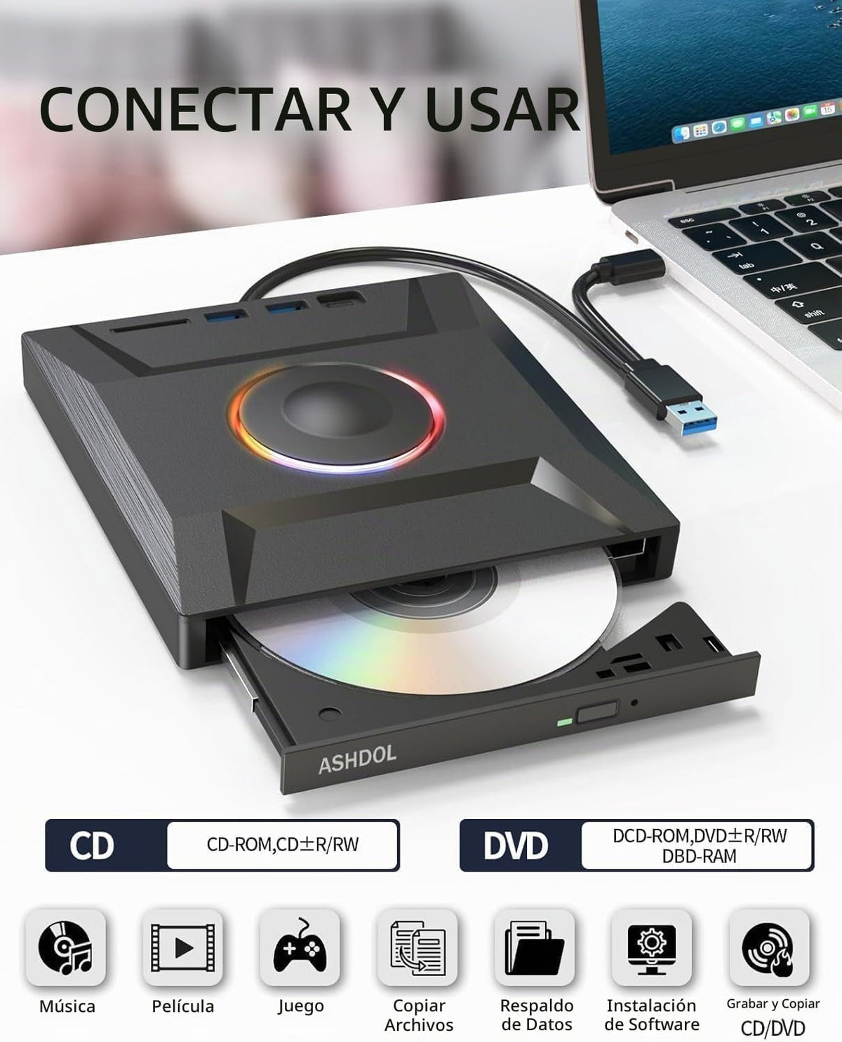 ASHDOL Unidad externa de CD DVD 7 en 1, lector de discos USB 3.0 y...