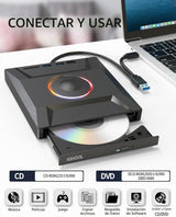 ASHDOL Unidad externa de CD DVD 7 en 1, lector de discos USB 3.0 y...