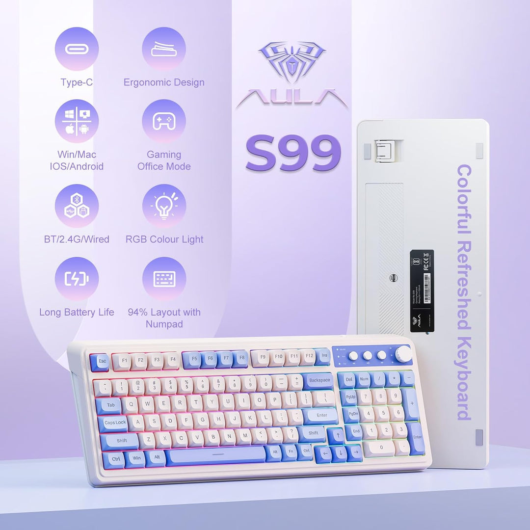 AULA Teclado de 99 Teclas, Tri-Modo Bluetooth\/2.4GHz\/USB-C Lindo...