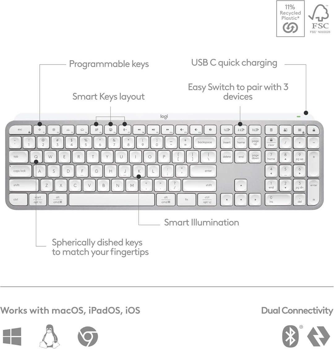 Logitech MX Keys S - Teclado inalámbrico, perfil bajo, escritura si...