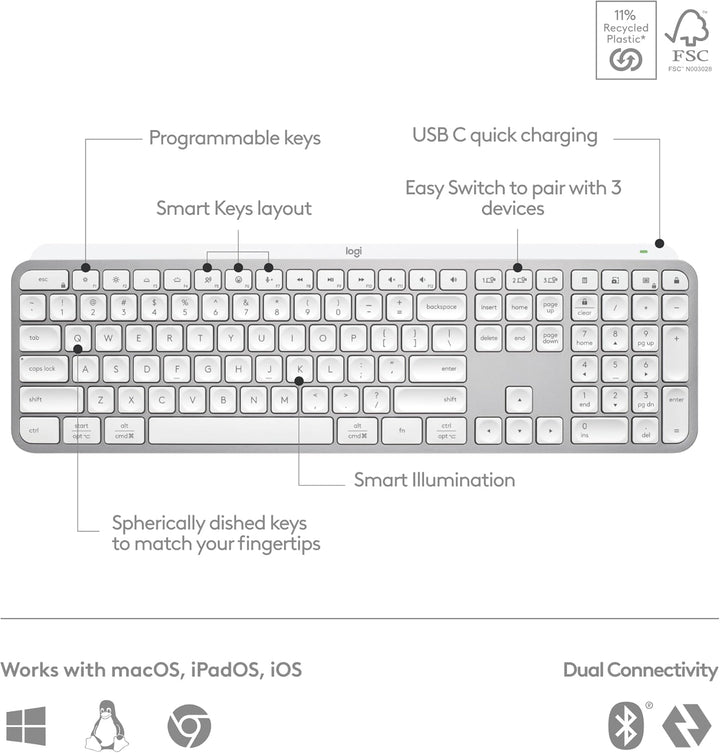 Logitech MX Keys S - Teclado inalámbrico, perfil bajo, escritura si...