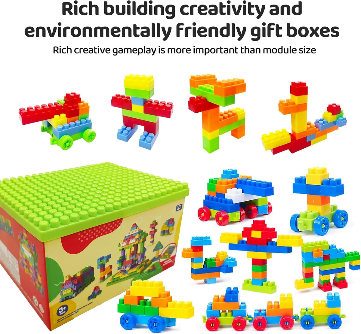 177 piezas de bloques de construcción grandes de 1 x 1-1 x 3 pulgadas para niños pequeños - Juego de ladrillos con autos y placa base, juguete educativo STEM para bloques de niños
