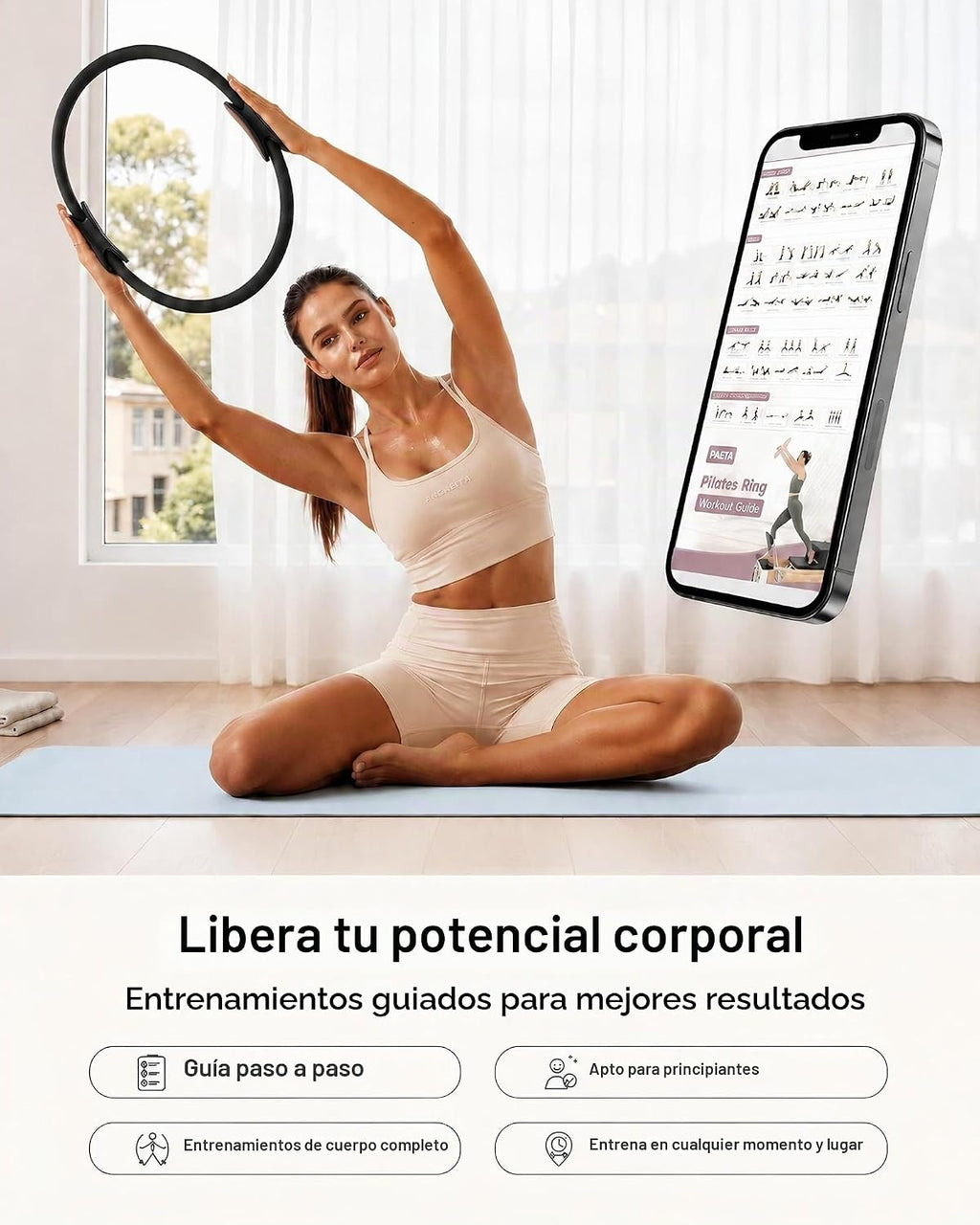 Juego de anillos de pilates – Círculo mágico de 14 pulgadas (38 libras de resistencia), bola de pilates de 9.8 pulgadas, 5 bandas de resistencia y guía de ejercicios incluida para entrenamientos