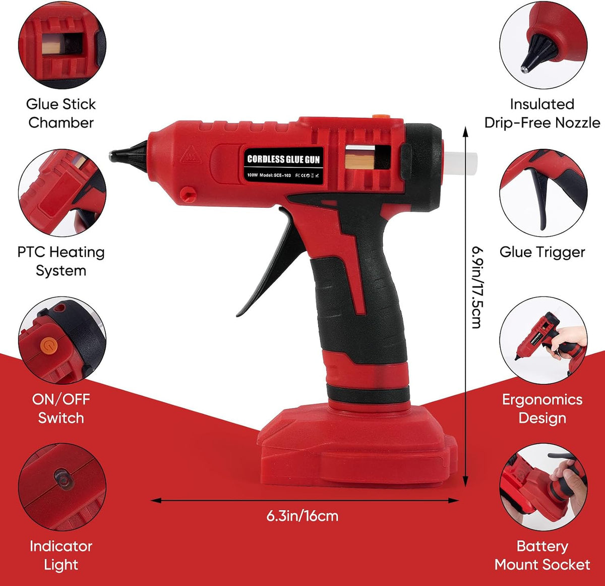 Pistola de pegamento caliente inalámbrica de 100 W, compatible con baterías Craftsman V20, kit de pistola de pegamento antigoteo de calentamiento rápido de tamaño completo con 20 barras de pegamento