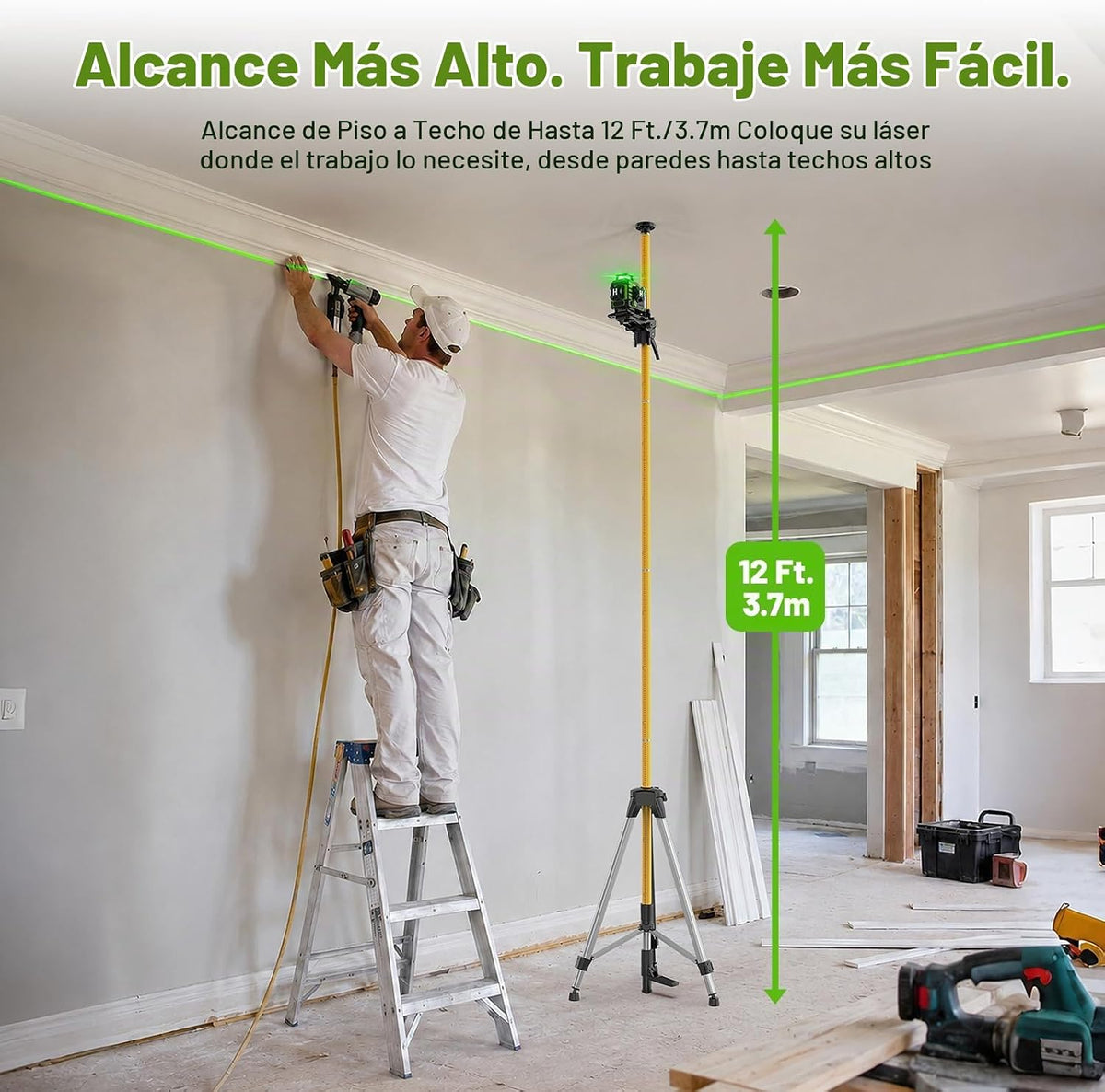 Huepar Nivel láser 4D W04CG con poste de 12 pies, kit láser verde de 360°