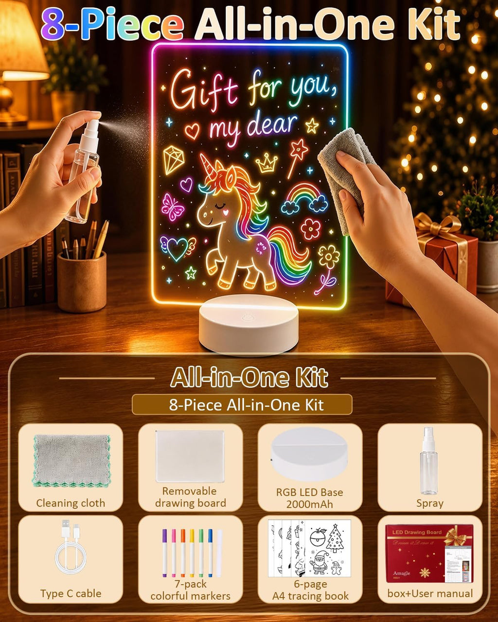 Tablero de dibujo LED para niños de 3 a 12 años, kits de arte con luz para