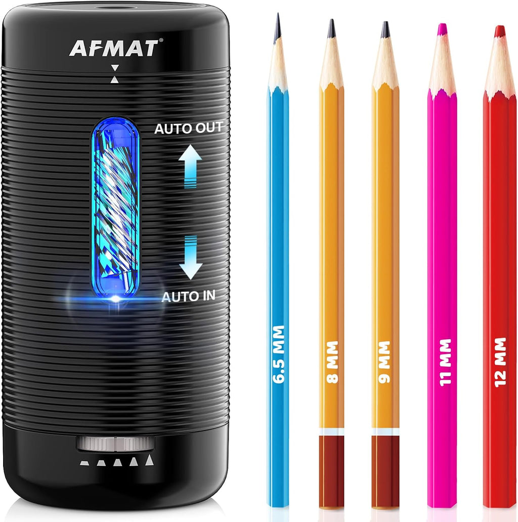 AFMAT PSC2 Sacapuntas eléctrico, sacapuntas totalmente automático, entrada y salida automática, sacapuntas manos libres recargables para lápices jumbo y de colores (0.23-0.47 pulgadas), portátil para