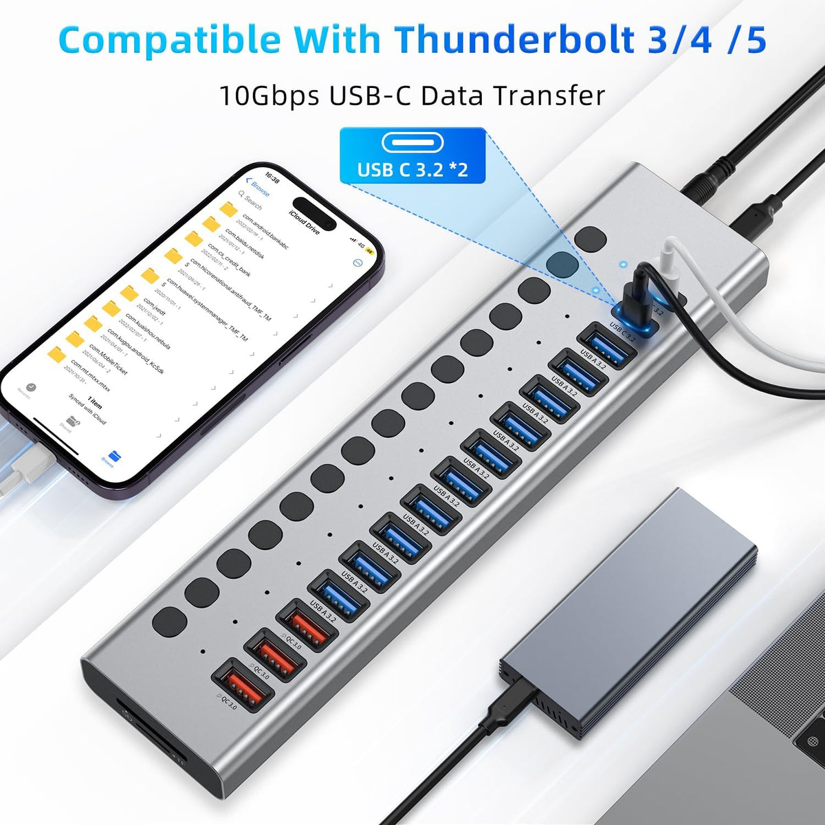 VANGREE, MK1-1200800C8, hub USB 3.2 de 17 puertos, alimentado, adaptador 12V/8A