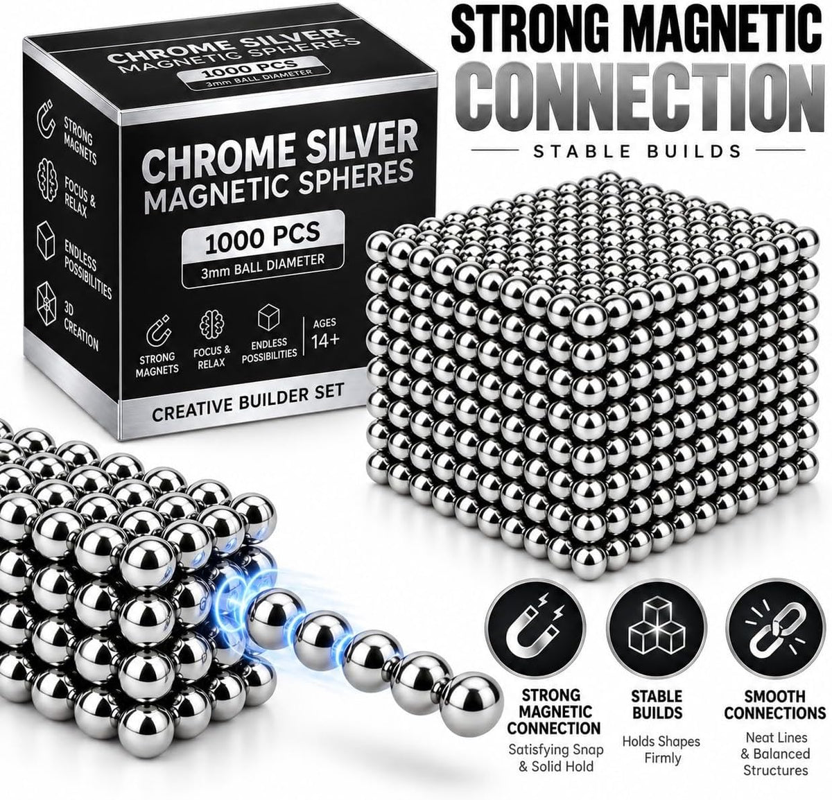 Bolas magnéticas de construcción creativa de plata 1000PCS para adultos