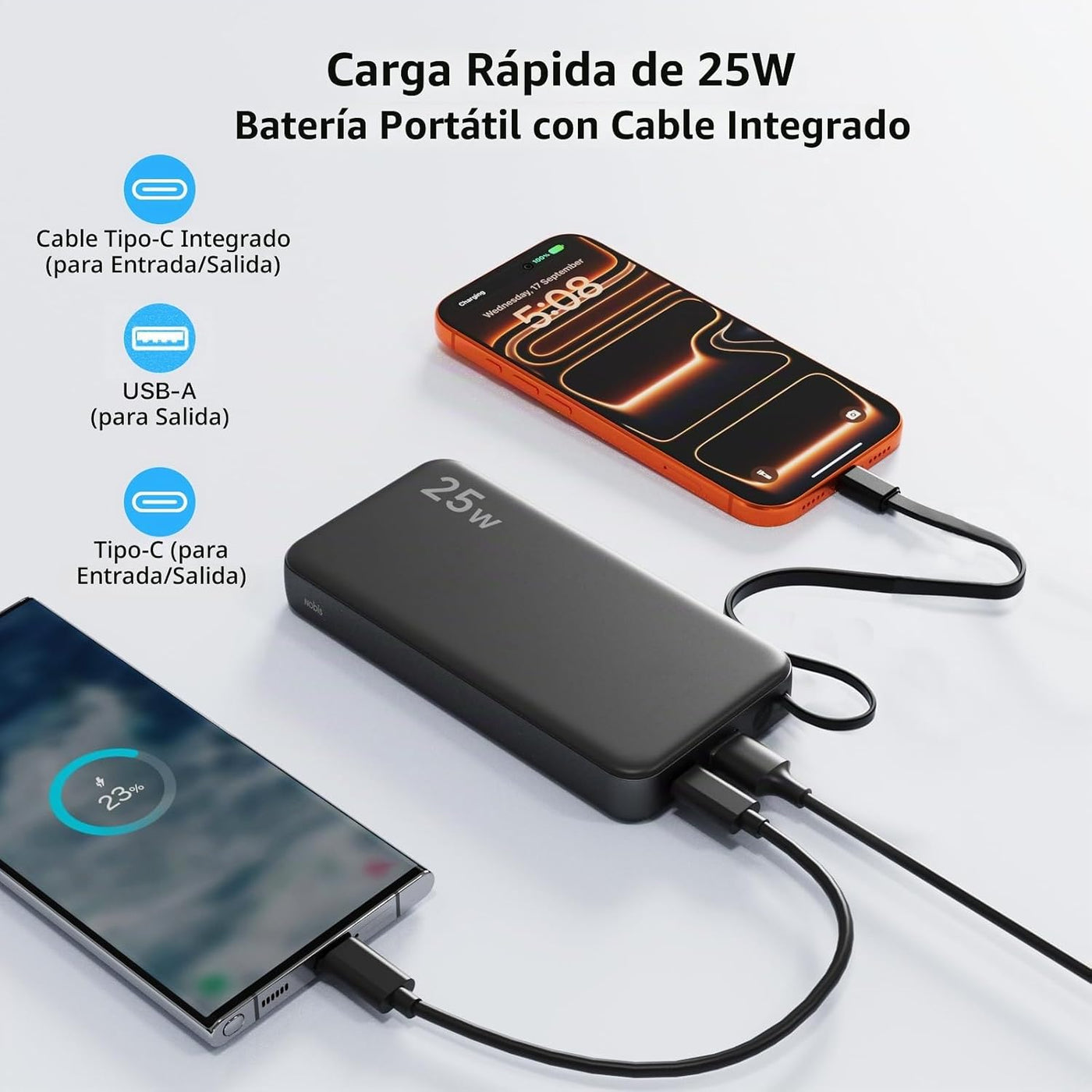 NOBIS Cargador portátil 25W 10000mAh Power Bank con cable USB-C inc...