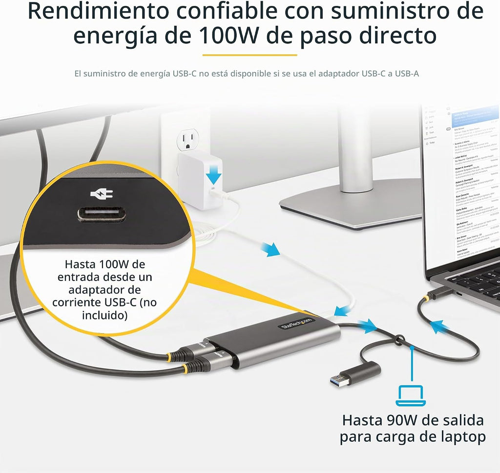 StarTech Adaptador USB-C y USB-A a HDMI dual, 2X 4K 60Hz, DisplayLink, TAA