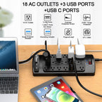 Regleta protectora de sobretensiones de 18 tomacorrientes – Cable de extensión de enchufe plano de 15 pies resistente con 18 tomas amplias y 4 puertos USB, 2100 julios, negro, certificación ETL