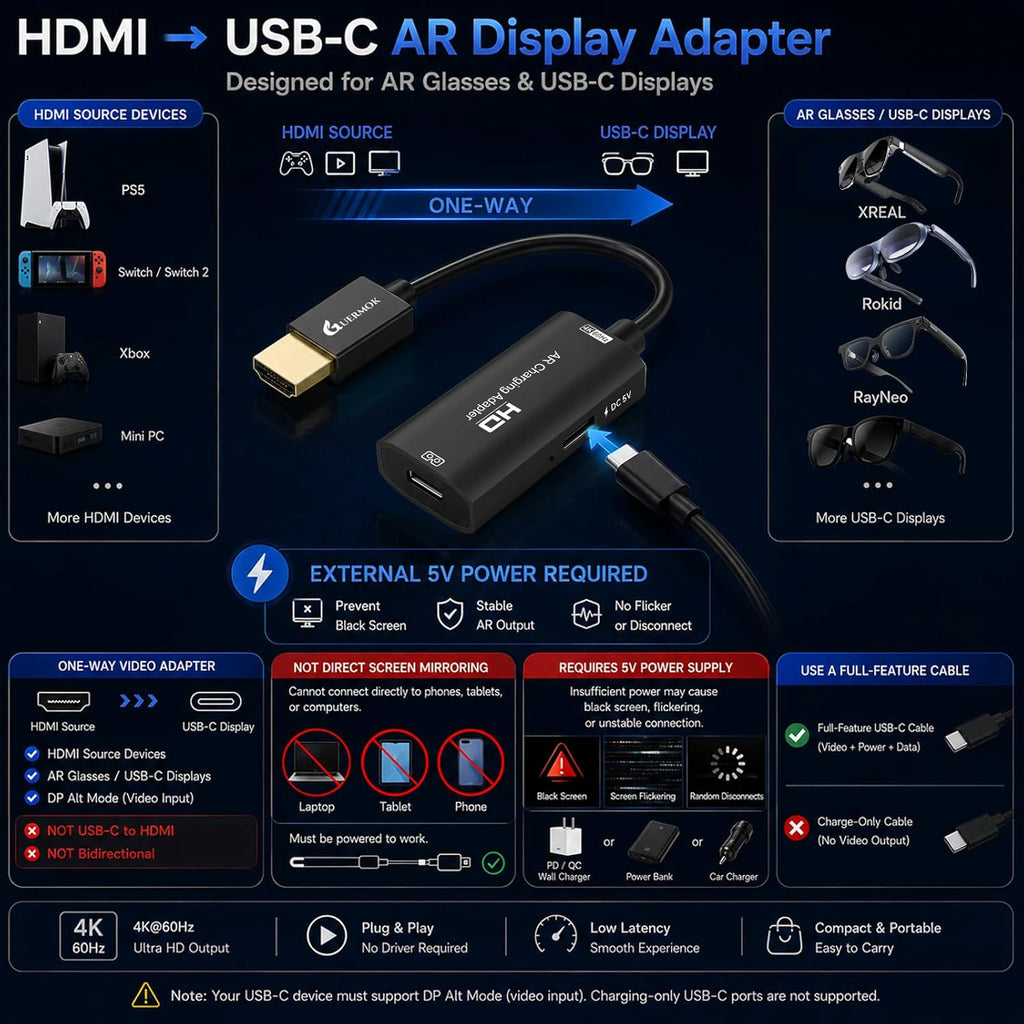 Adaptador de pantalla HDMI a USB-C para gafas AR, convertidor de