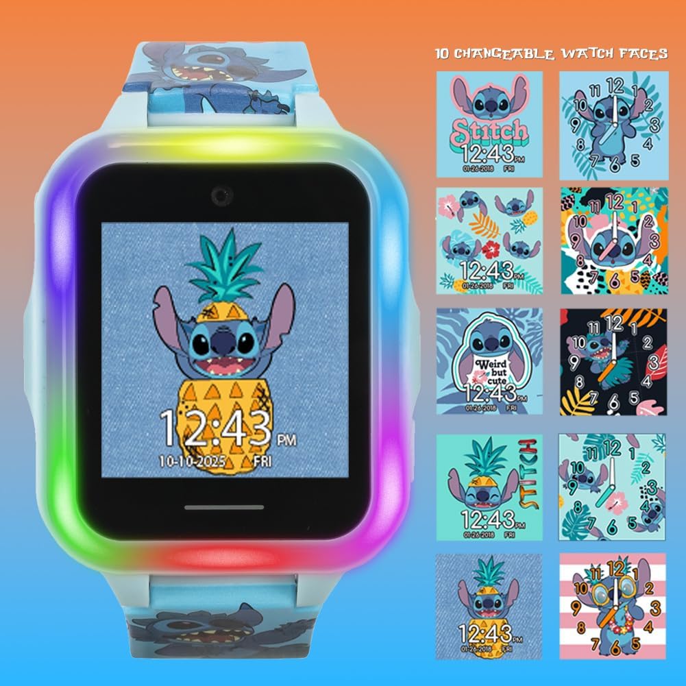Disney Stitch - Reloj inteligente interactivo para niños con pantalla táctil, cámara, juegos, podómetro, grabadora de voz y alarma para niños y niñas a partir de 6 años, banda de personajes azul