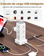Regleta de alimentación con 12 tomas, 4 USB (1 USB C), cable de extensión de 6.5 pies con múltiples tomas, estación de carga, torre de regleta de alimentación, suministros de escritorio de oficina en