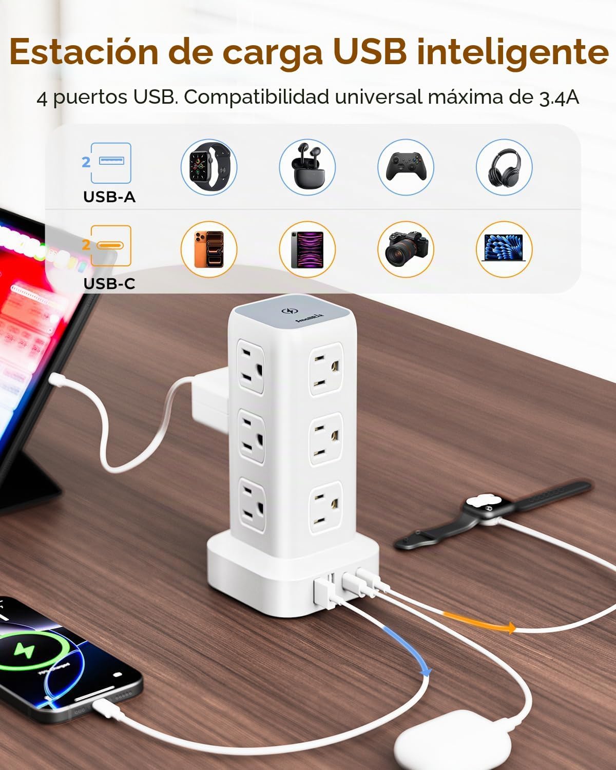 Regleta de alimentación con 12 tomas, 4 USB (1 USB C), cable de extensión de 6.5 pies con múltiples tomas, estación de carga, torre de regleta de alimentación, suministros de escritorio de oficina en
