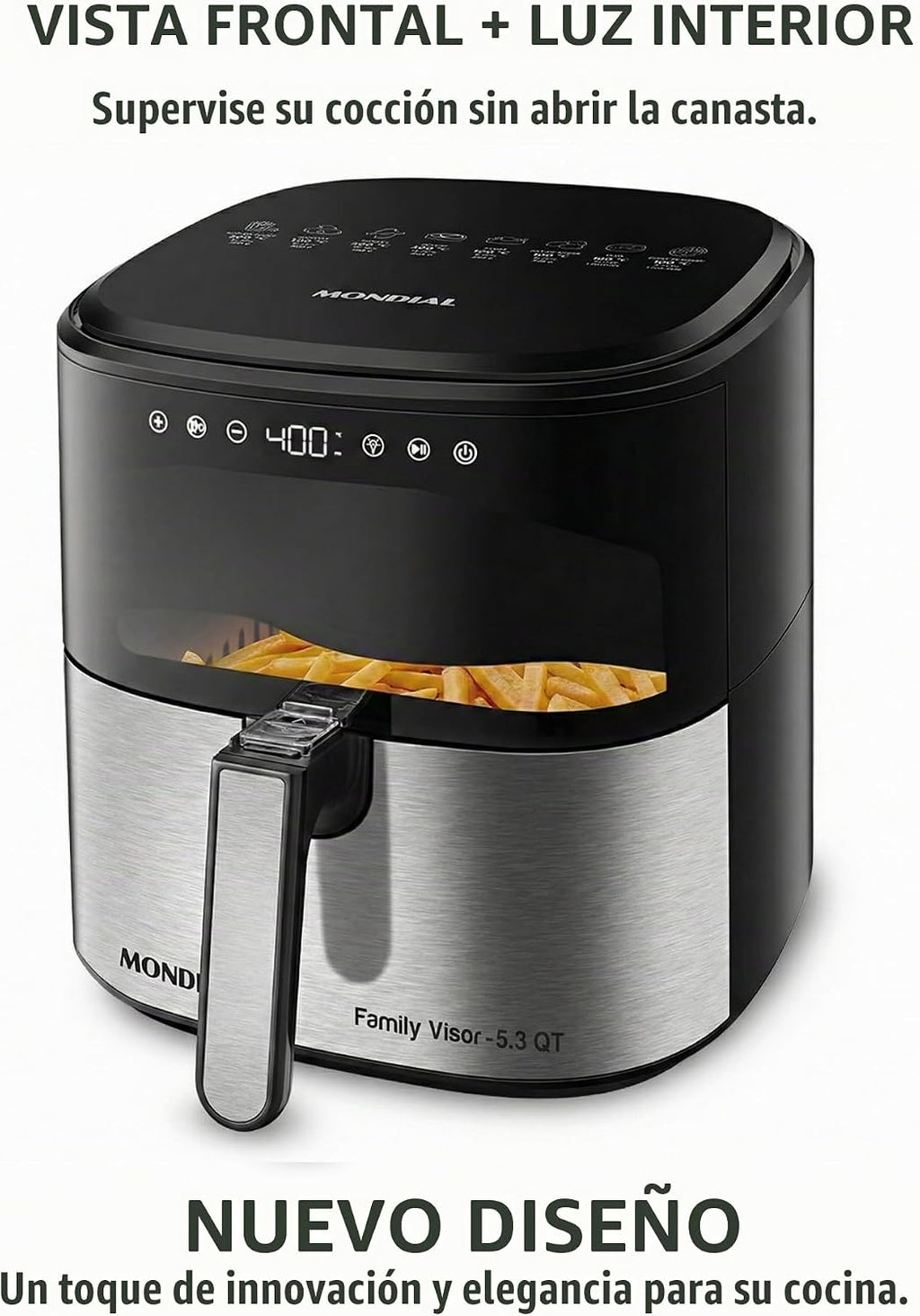 Mondial Air Fryer Digital 5.3 litros (5.3QT) - Freidora eléctrica con pantalla y acabado de acero inoxidable - 1800W - Negro