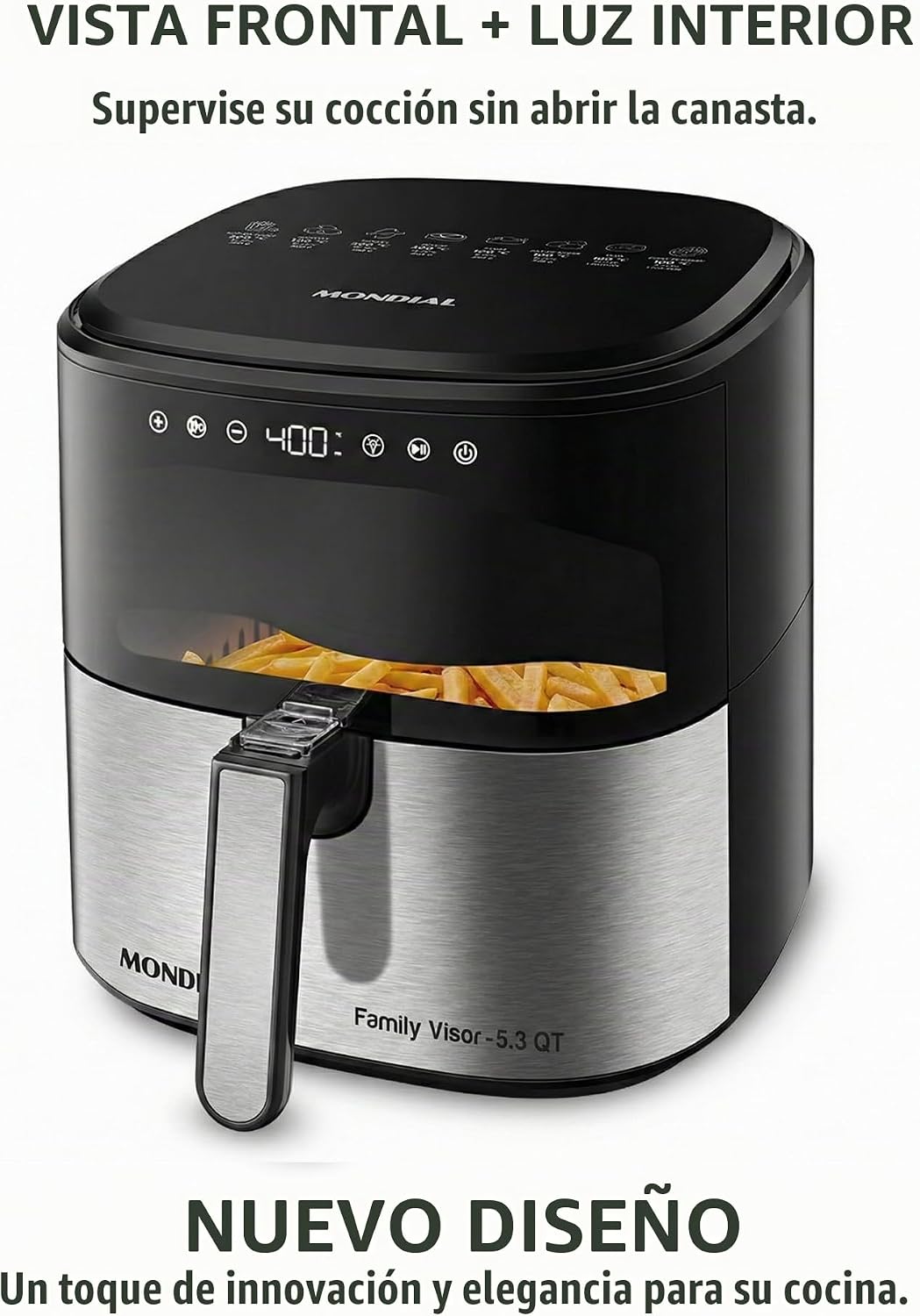 Mondial Air Fryer Digital 5.3 litros (5.3QT) - Freidora eléctrica con pantalla y acabado de acero inoxidable - 1800W - Negro
