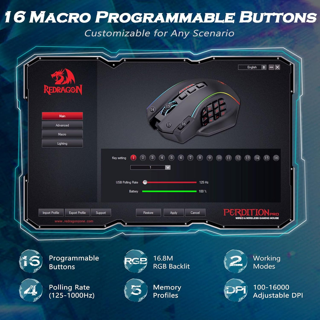 Redragon Ratón inalámbrico para juegos, ratón para juegos MMO UP 16...