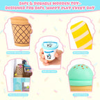 Juguete de helado para niños de 3 a 6 años, juego de helados de madera con mostrador, delantal, calcomanía de bricolaje, cuchara, dinero de juguete, juguetes de juego de simulación para juegos de