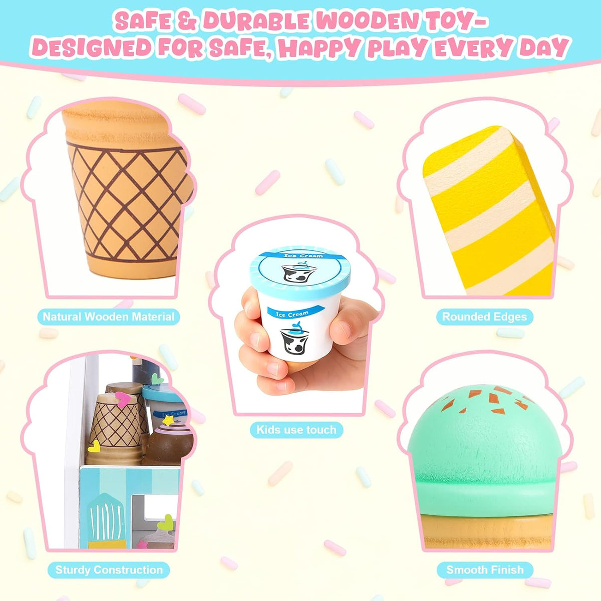 Juguete de helado para niños de 3 a 6 años, juego de helados de madera con mostrador, delantal, calcomanía de bricolaje, cuchara, dinero de juguete, juguetes de juego de simulación para juegos de