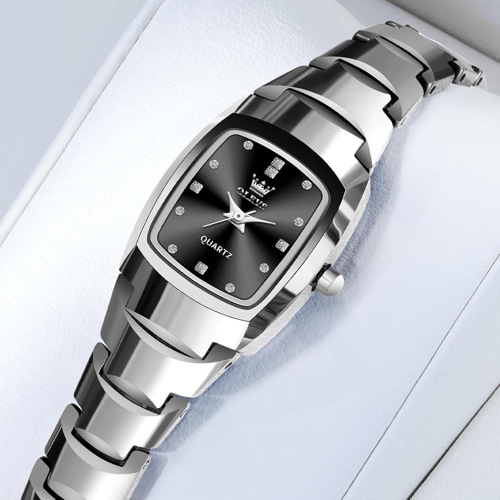 OLEVS Reloj para mujer Elegante de cara cuadrada pequeña con eslabones de acero tungsteno correa de pulsera, reloj de muñeca para damas, impermeable, luminoso, analógico de cuarzo de precisión, elegante reloj de vestir, joyería de lujo delicada