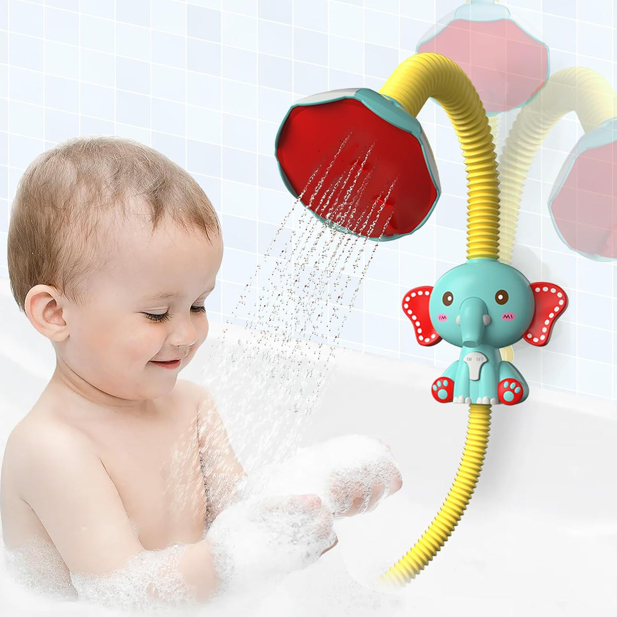 taseyok Juguetes de baño para niños pequeños, juguetes de bañera para bebés con rociadores de ducha de elefante y pista deslizante, juguetes de animales flotantes de pesca, juguetes creativos para