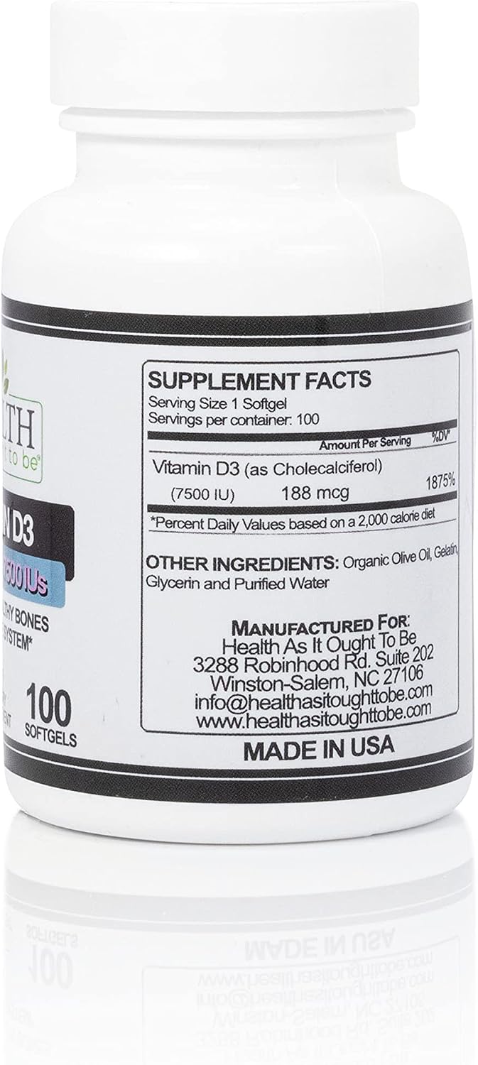Health As It Ought To Be Suplemento de vitamina D3 7500 UI 188mcg -...