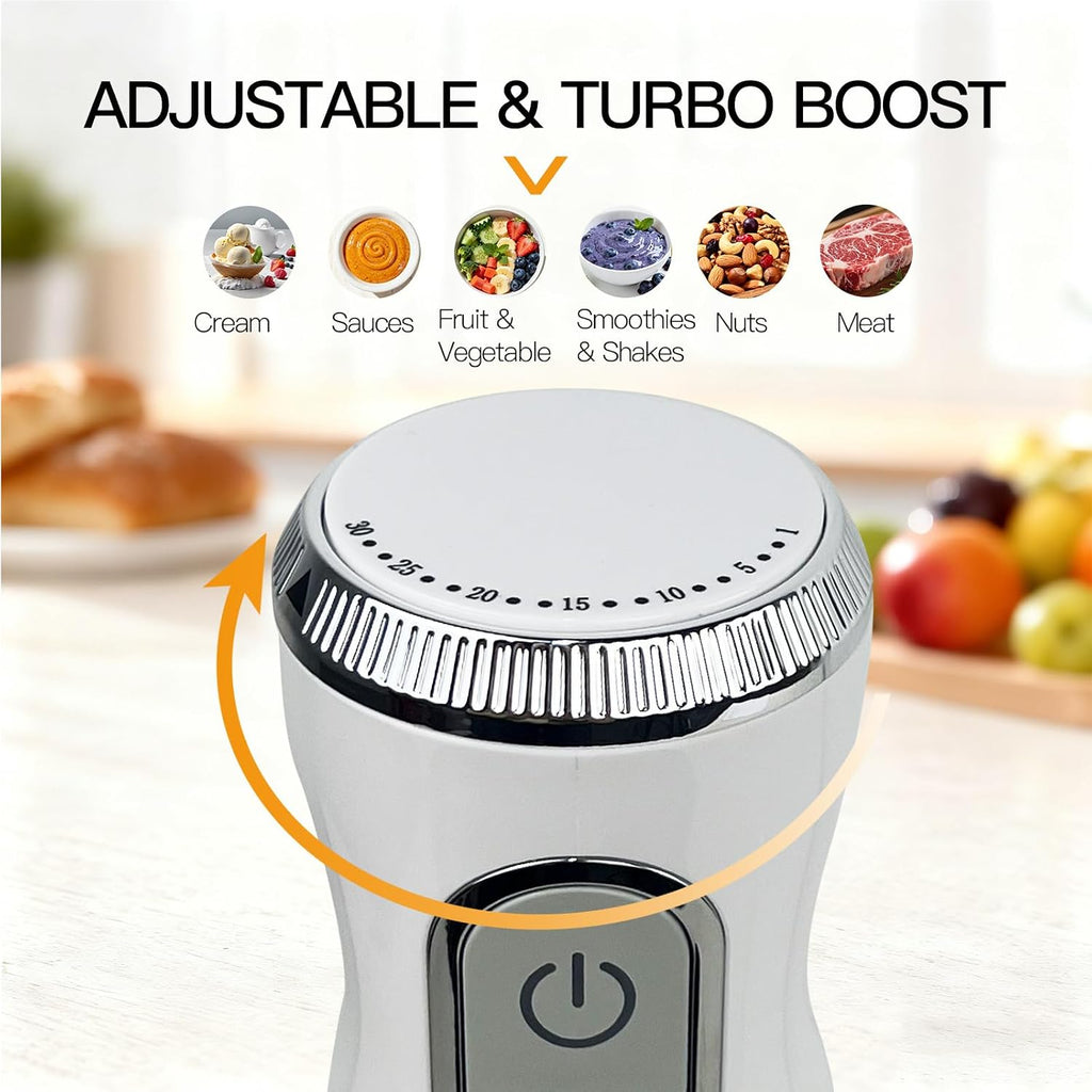 MEGAWISE Batidora de mano de inmersión 5 en 1, potente batidora de varilla de 1100 W con batidor, picadora, espumador de leche y vaso de precipitados, velocidad variable y turbo, cuchillas de acero
