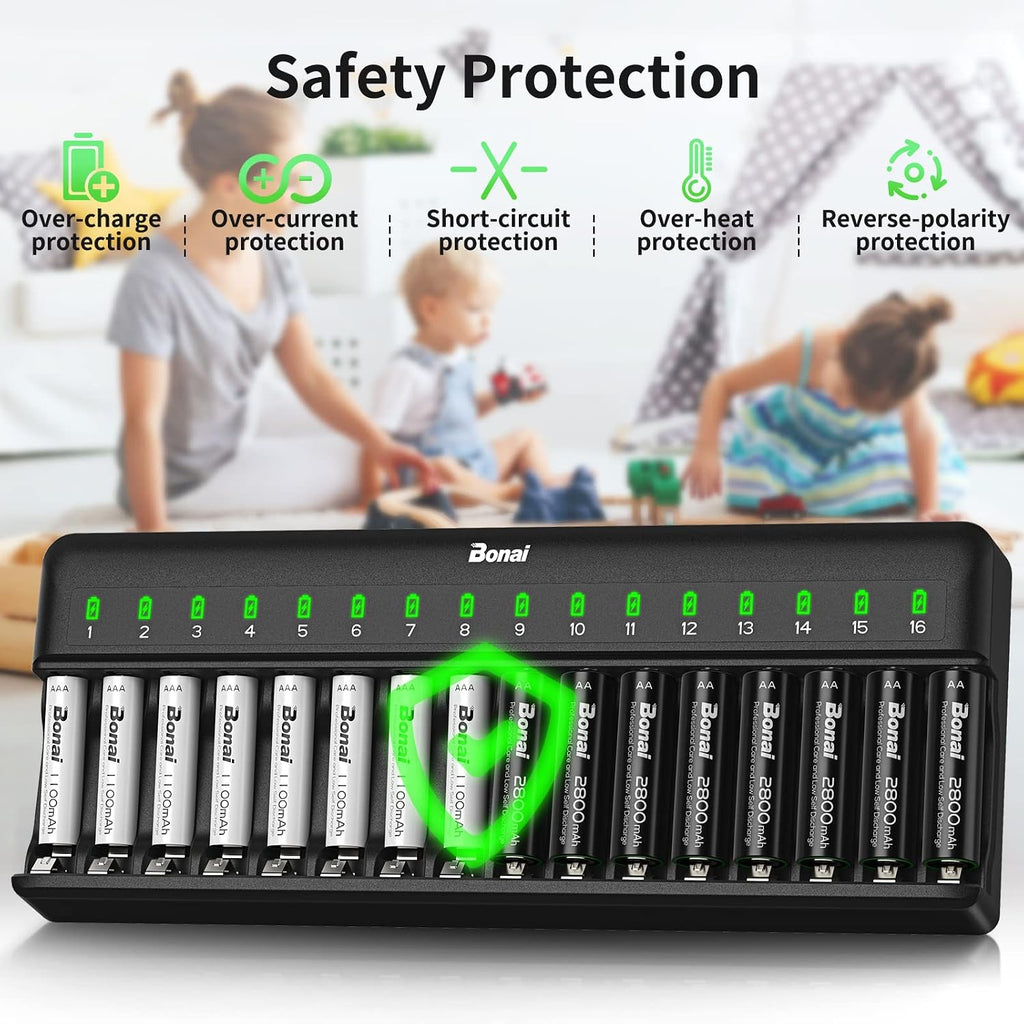 BONAI AA AAA Battery Charger 16 Bay para NiMH Rechargeable Batteries Independent Control con LED Light y Standard American AC carga Plug, Battery not Included - negro