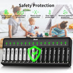 BONAI AA AAA Battery Charger 16 Bay para NiMH Rechargeable Batteries Independent Control con LED Light y Standard American AC carga Plug, Battery not Included - negro