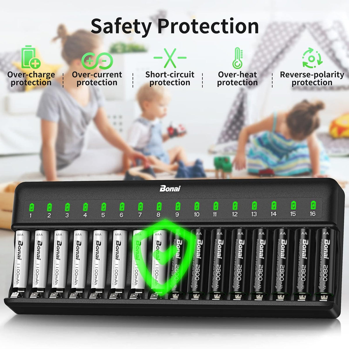 BONAI AA AAA Battery Charger 16 Bay para NiMH Rechargeable Batteries Independent Control con LED Light y Standard American AC carga Plug, Battery not Included - negro