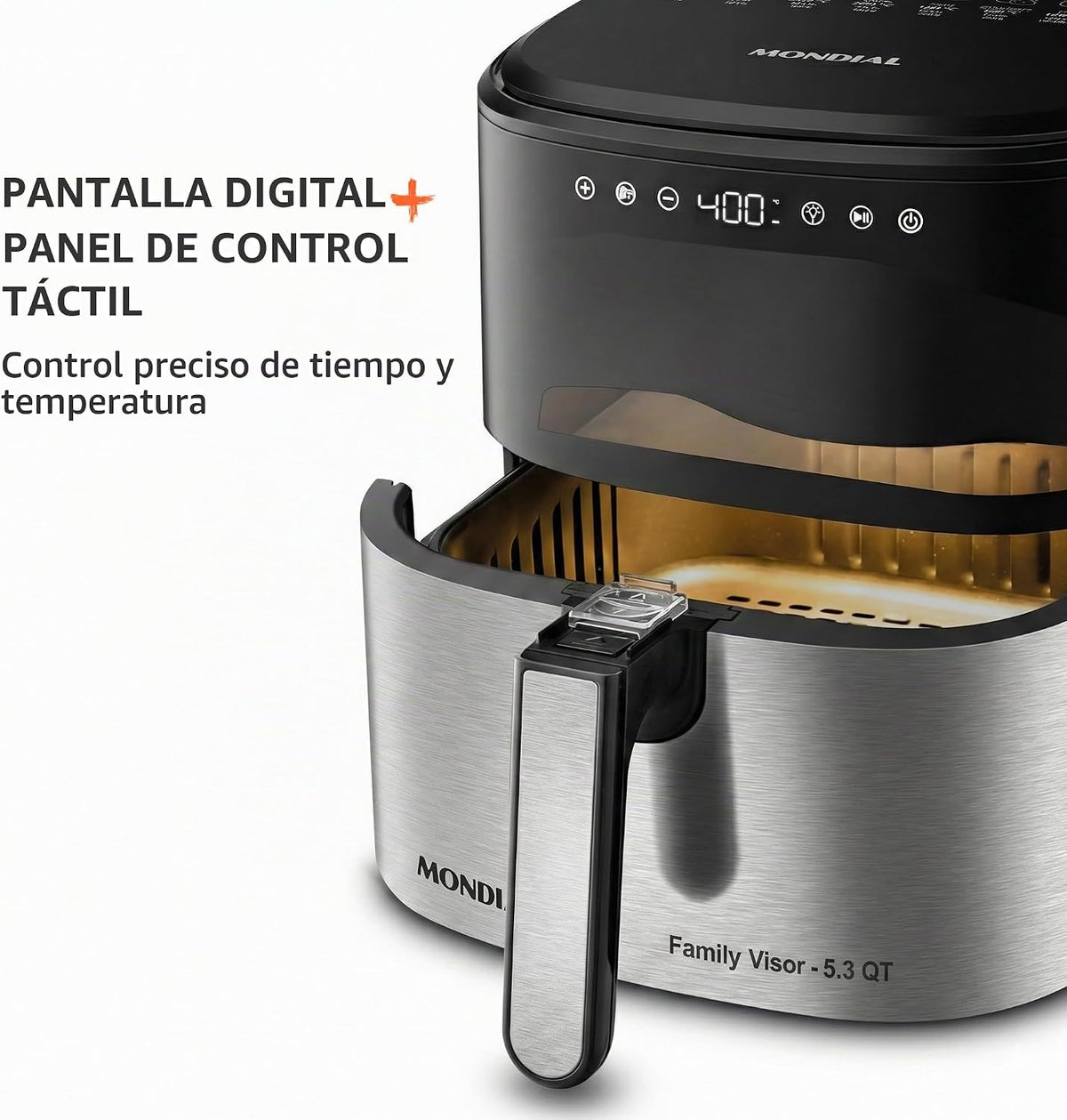 Mondial Air Fryer Digital 5.3 litros (5.3QT) - Freidora eléctrica con pantalla y acabado de acero inoxidable - 1800W - Negro