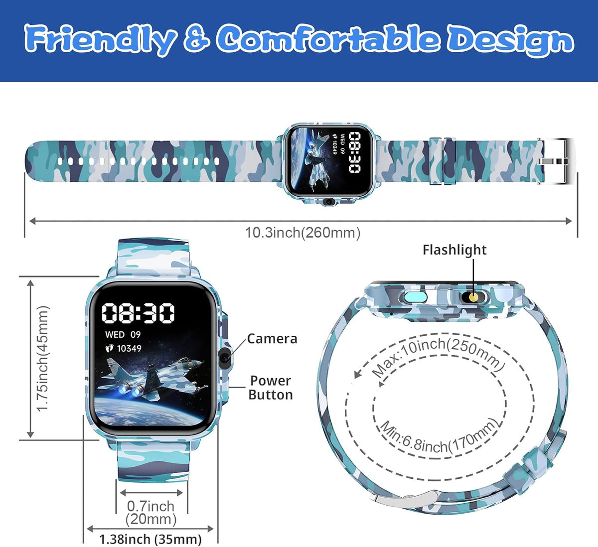 Reloj inteligente para niños de 5 a 12 años, juegos de funciones Ai con pantalla táctil HD, con cámara de video, reproductor de música, podómetro, ritmo cardíaco, rastreador de sueño, regalos de Navidad y cumpleaños para niños (camuflaje, 1.85 pulgadas)