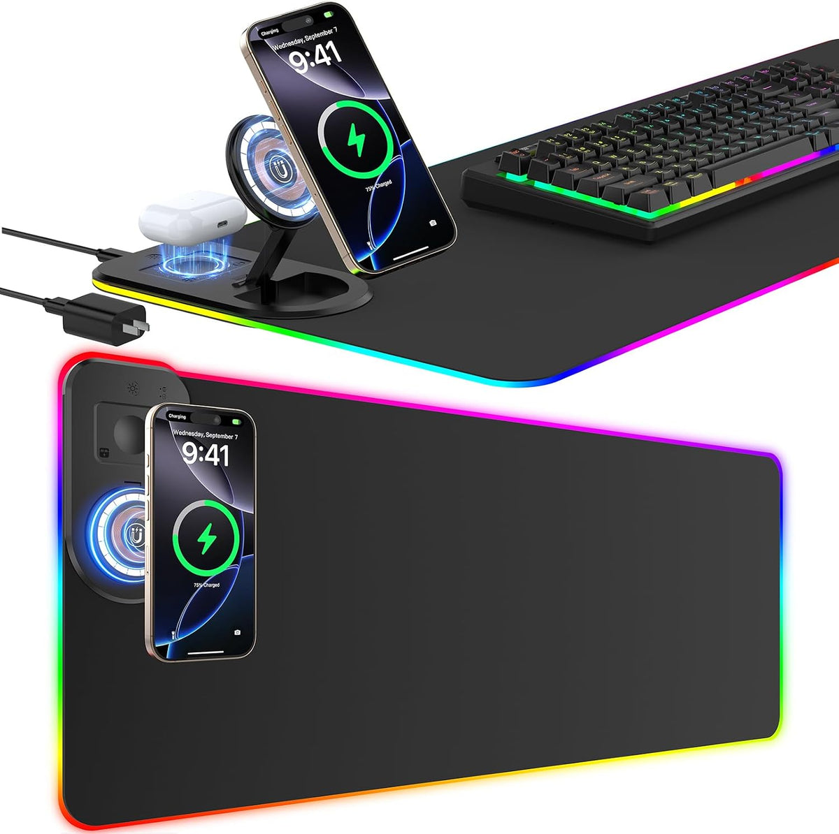 TARKARI Alfombrilla de mouse para juegos con carga inalámbrica, soporte magnético plegable para teléfono con cargador PD de 20 W, alfombrilla de mouse de teclado grande extendida RGB