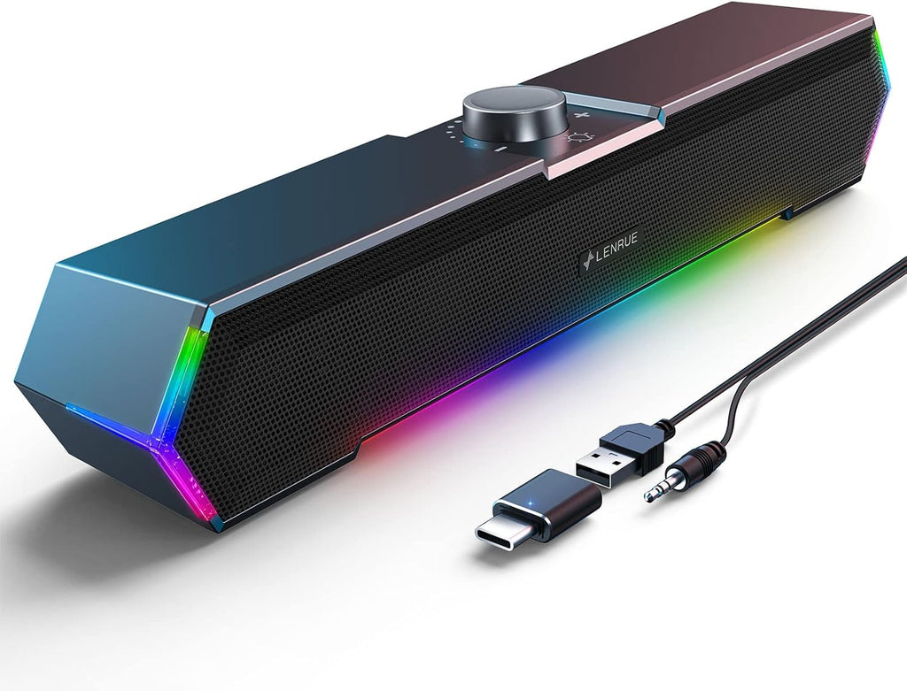 LENRUE G11 - Altavoces para computadora de escritorio, luces táctiles, altavoces de PC con sonido claro de sobretensión, alimentado por USB C/USB, audio auxiliar para computadora, escritorio