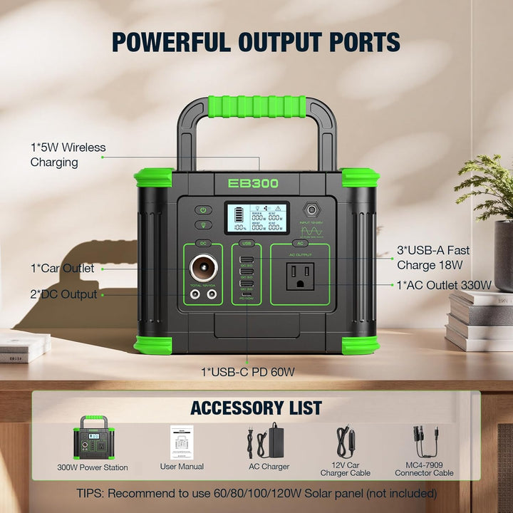 GRECELL- Central eléctrica portátil 300 W, generador solar 288 Wh c...