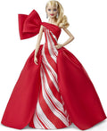 Barbie Muñeca navideña 2019, 11.5 pulgadas, rubia, con vestido rojo y blanco, con soporte para muñeca y certificado de autenticidad