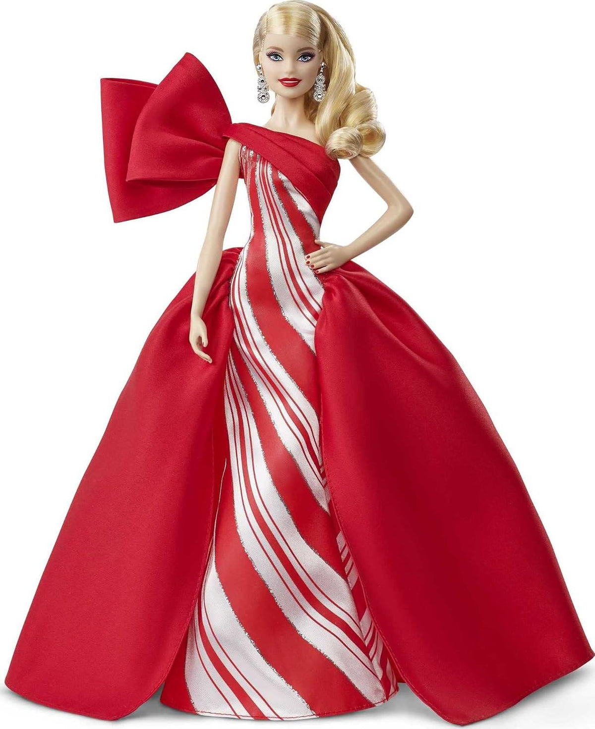 Barbie Muñeca navideña 2019, 11.5 pulgadas, rubia, con vestido rojo y blanco, con soporte para muñeca y certificado de autenticidad