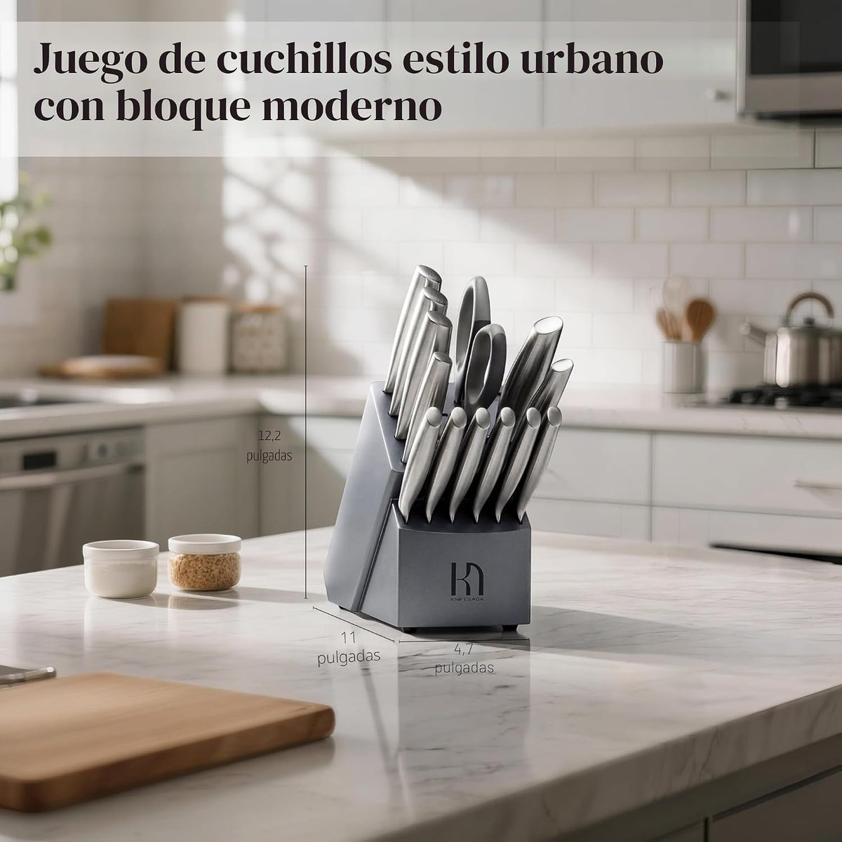 Juego de cuchillos KnifeSaga, juego de 14 piezas de cuchillos de cocina premium de acero inoxidable de alto carbono japonés, juego de bloque de cuchillos ultra afilados con afilador incorporado, juego