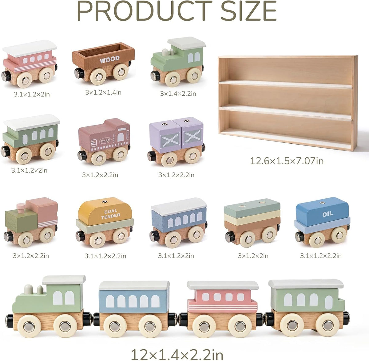 Juego de tren de madera para niños pequeños, 12 vagones magnéticos Montessori con caja de regalo de almacenamiento, compatible con las principales marcas, juguete de bloques apilables de madera para