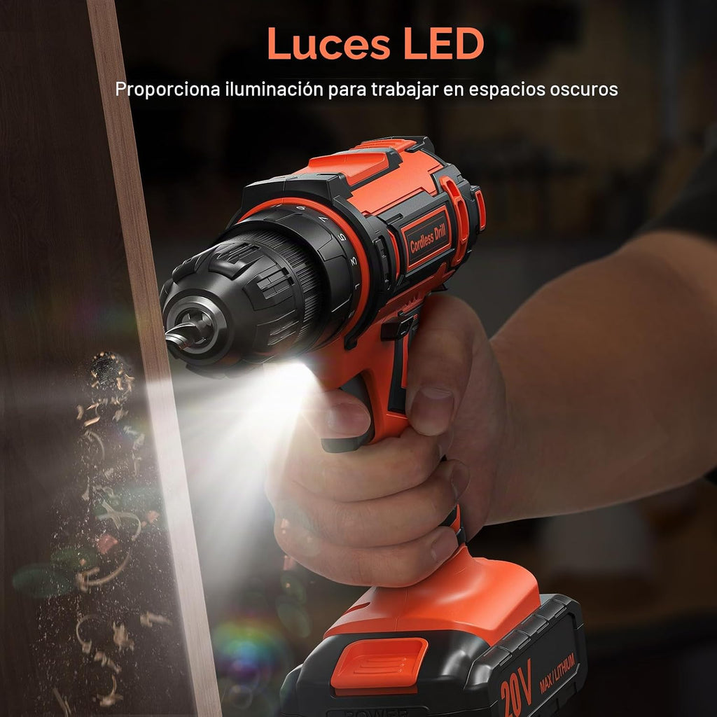 Juego de brocas inalámbricas, taladro eléctrico de 20 V con paquete de potencia de 2.0 Ah y cargador, taladro eléctrico de portabrocas sin llave de 3/8 pulgadas, posición 25+1