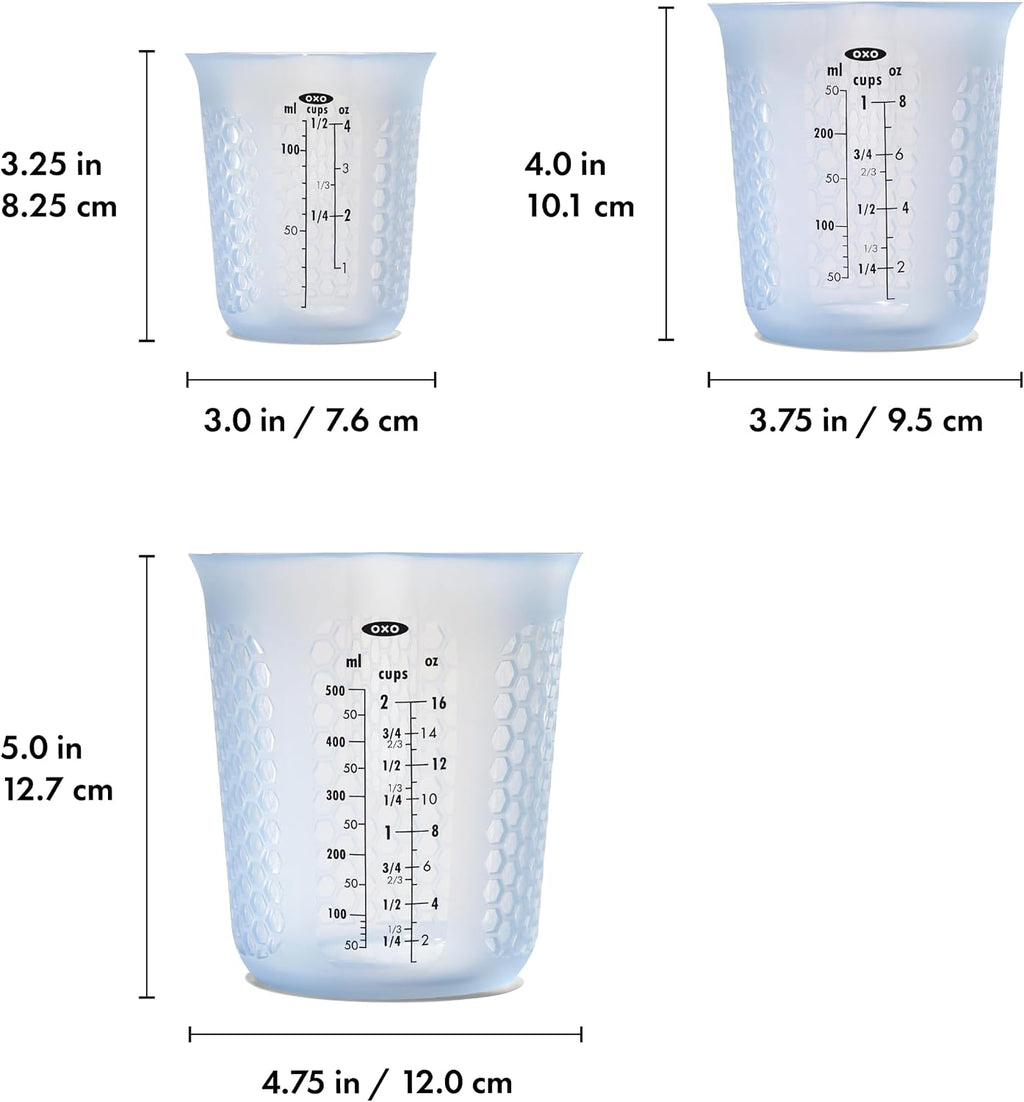 1 taza de medir de silicón para exprimir y verter, con patrón Stay-Cool, de la marca Oxo Good Grips, Juego de 3 piezas, Azul