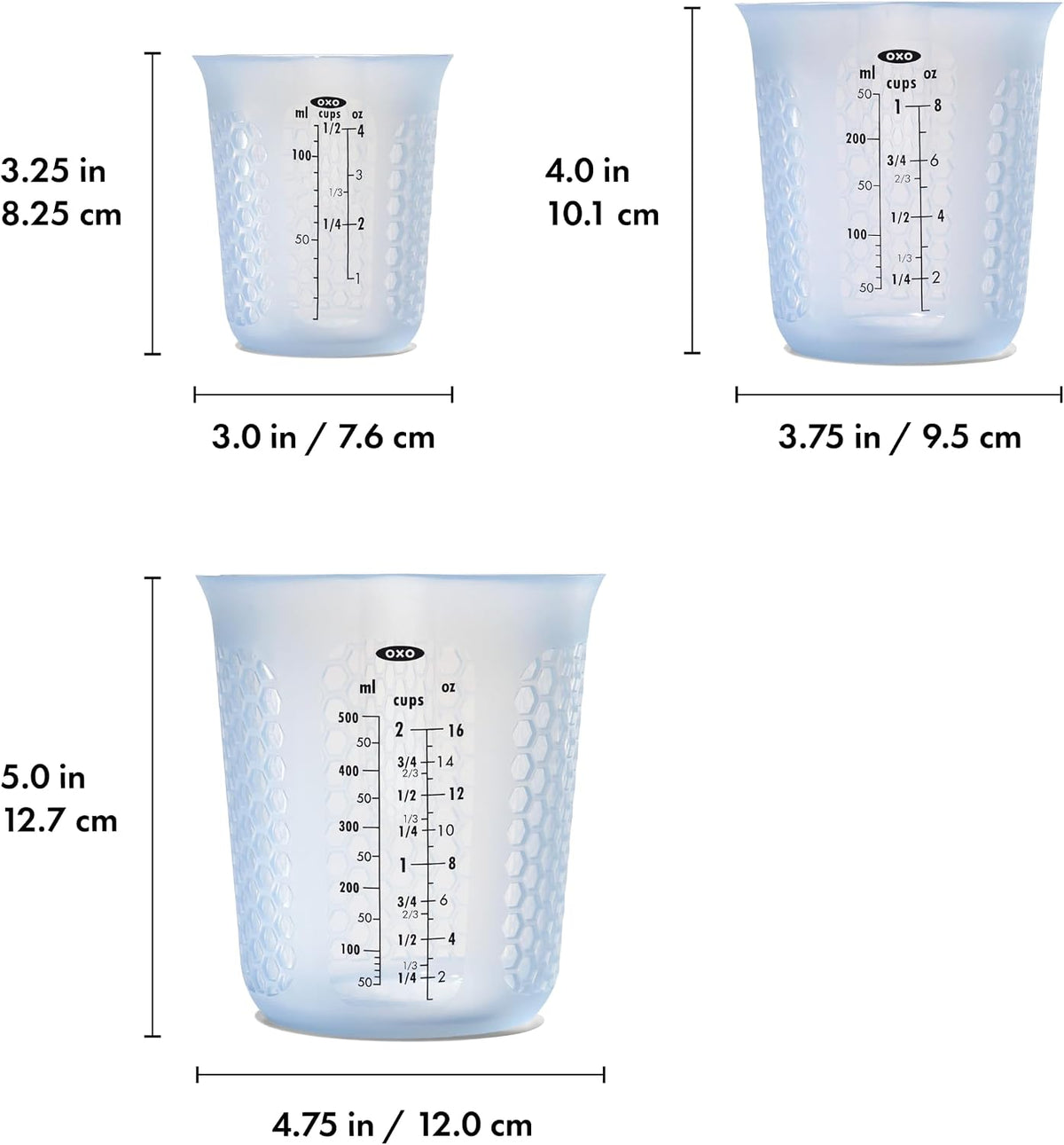 1 taza de medir de silicón para exprimir y verter, con patrón Stay-Cool, de la marca Oxo Good Grips, Juego de 3 piezas, Azul