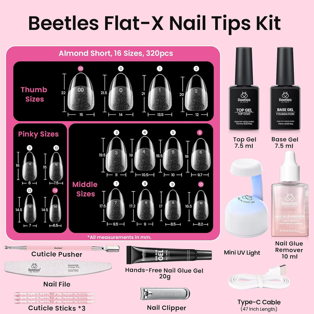Beetles - Kit de uñas de gel flatX, almendra corta, 320 piezas de p...