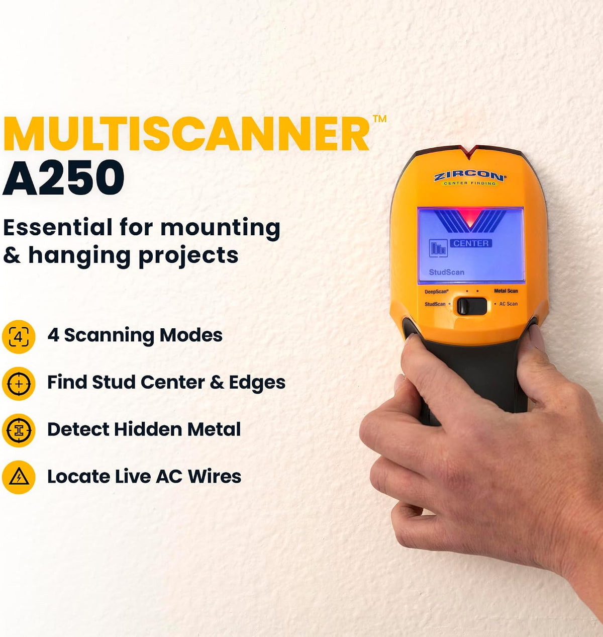 Zircon® MultiScanner™ A250 Buscador de pernos para detección de madera, metales y cables vivos