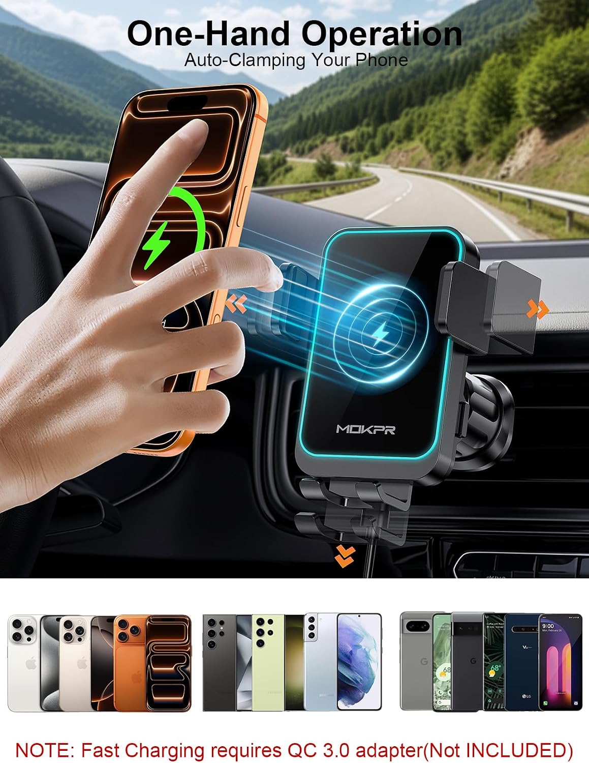 Cargador inalámbrico para automóvil, con sujeción automática, soporte para teléfono de salpicadero/parabrisas/ventilación de aire compatible con iPhone 17 16 15 14/13/13 Pro/12 pro/12/11/X/8