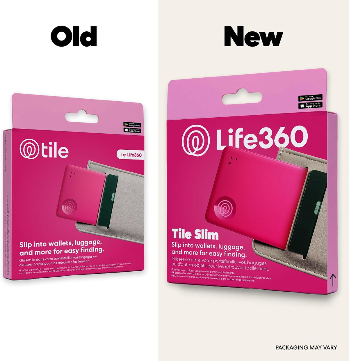 Life360 Tile Slim - Buscador de billetera, rastreador Bluetooth y localizador de artículos para etiquetas de equipaje, pasaportes y más. Compatible con iOS y Android. Buscador de teléfonos. 1 paquete (ponche rosa)